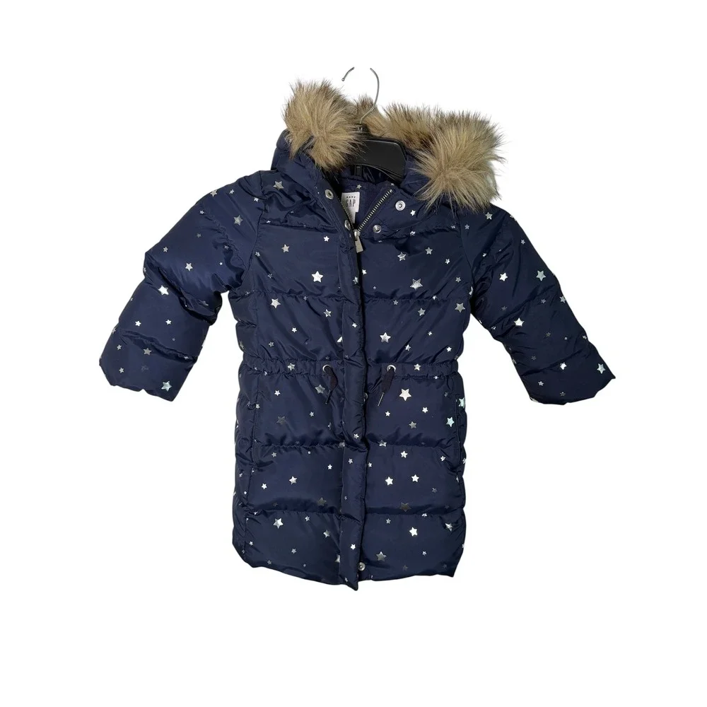 Baby Gap Navy Star Puffer Coat Size 4 Toddler Faux Fur‎ Hood